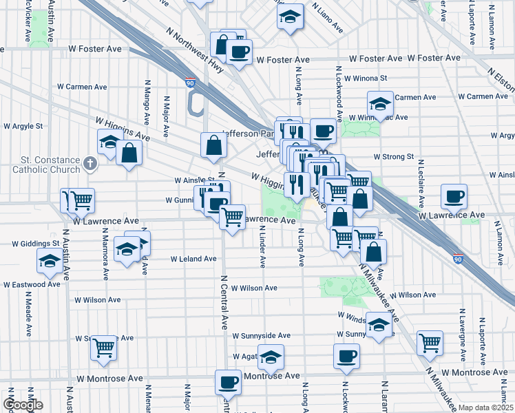 map of restaurants, bars, coffee shops, grocery stores, and more near 4816 North Linder Avenue in Chicago