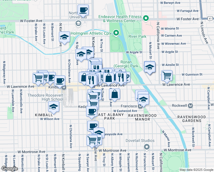 map of restaurants, bars, coffee shops, grocery stores, and more near 3111 West Lawrence Avenue in Chicago