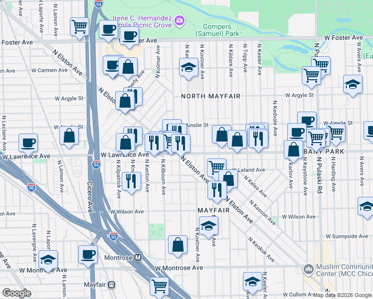 map of restaurants, bars, coffee shops, grocery stores, and more near 4434 West Lawrence Avenue in Chicago