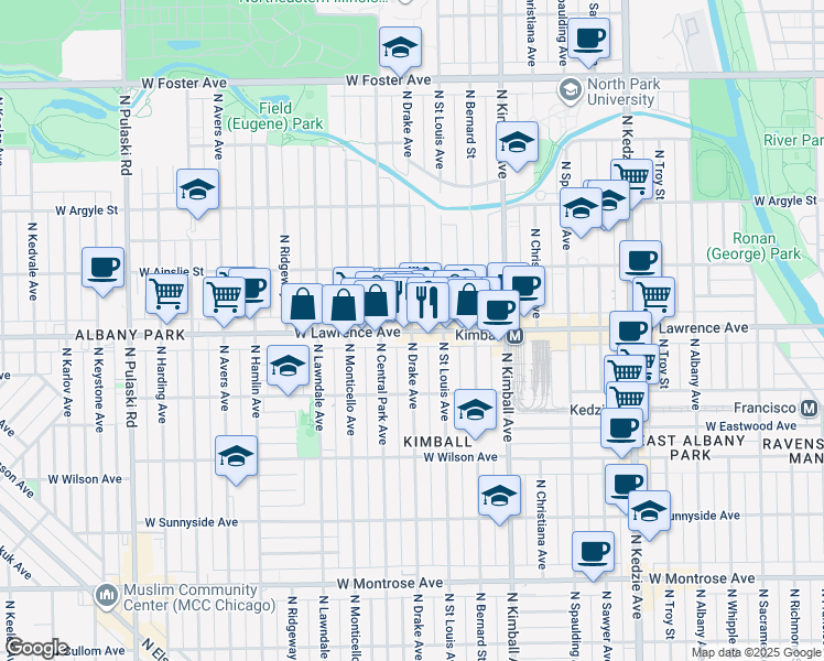 map of restaurants, bars, coffee shops, grocery stores, and more near West Lawrence Avenue & North Drake Avenue in Chicago