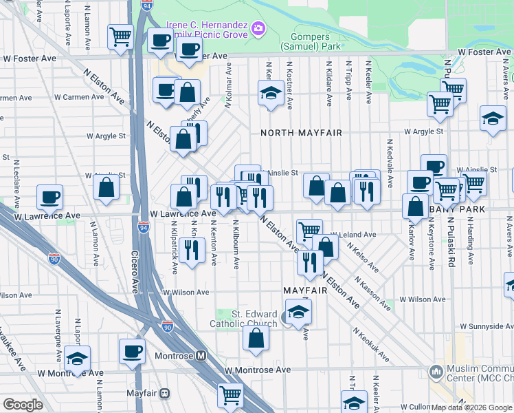 map of restaurants, bars, coffee shops, grocery stores, and more near 4805 North Elston Avenue in Chicago