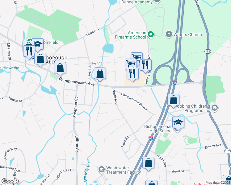 map of restaurants, bars, coffee shops, grocery stores, and more near 6 North Avenue in North Attleborough