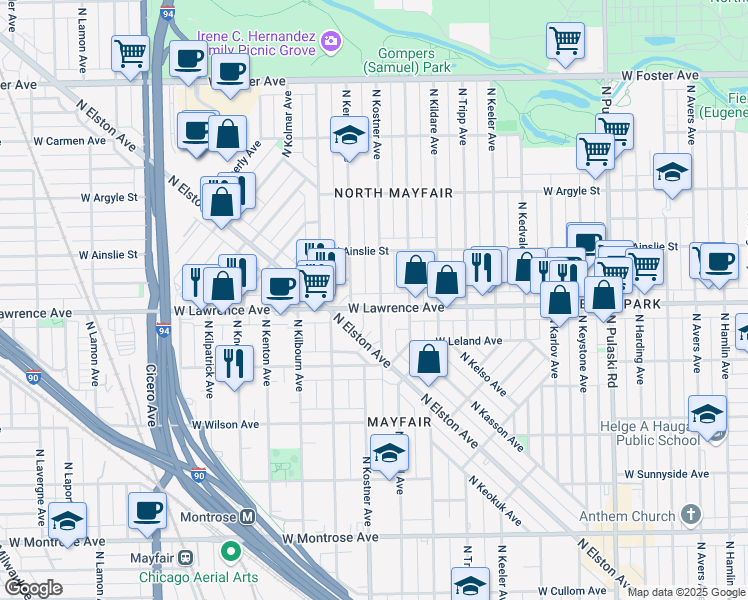 map of restaurants, bars, coffee shops, grocery stores, and more near 4404 West Lawrence Avenue in Chicago