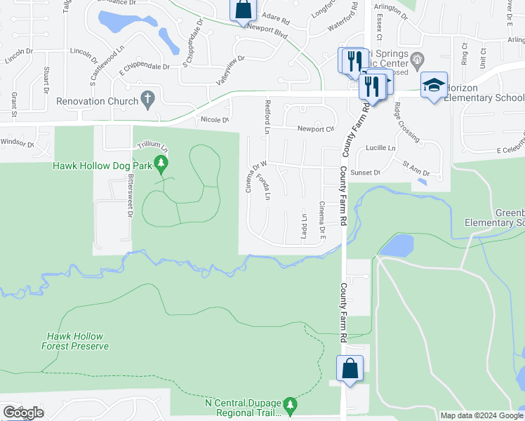 map of restaurants, bars, coffee shops, grocery stores, and more near 5240 Curtis Lane in Hanover Park