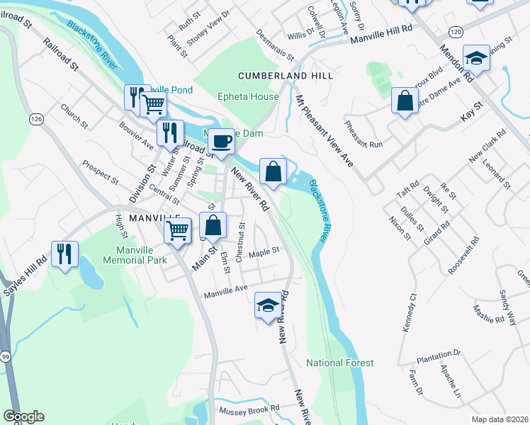map of restaurants, bars, coffee shops, grocery stores, and more near 133 New River Road in Lincoln