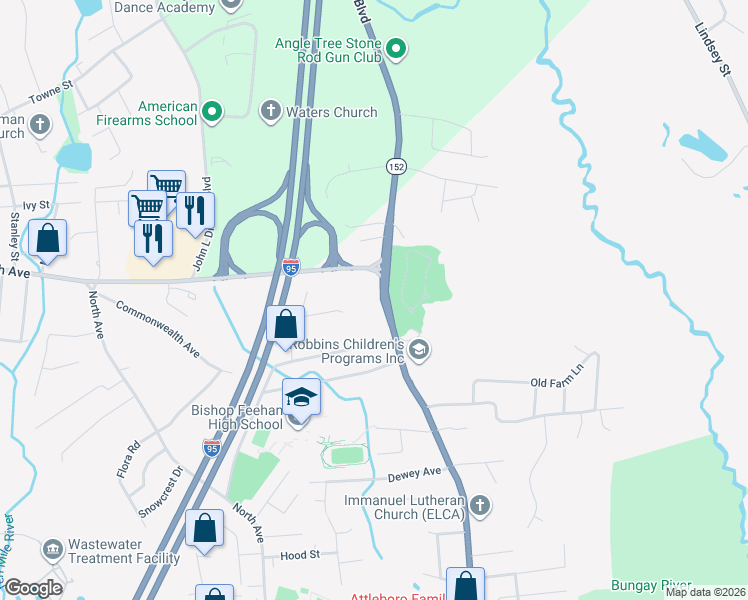 map of restaurants, bars, coffee shops, grocery stores, and more near 3 Commonwealth Avenue in Attleboro