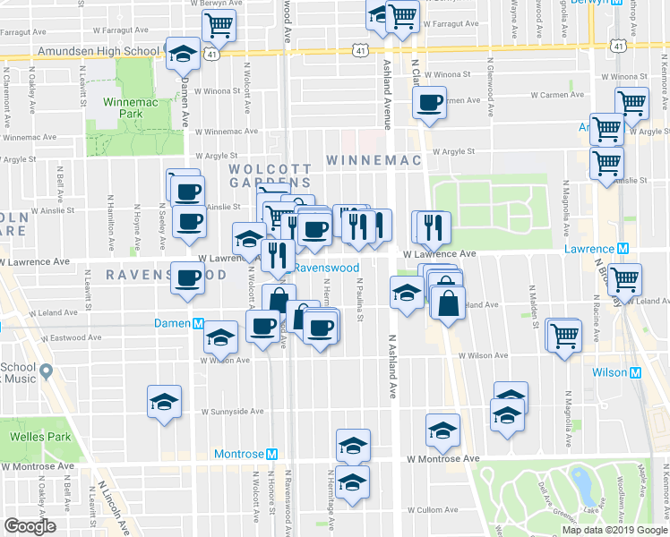map of restaurants, bars, coffee shops, grocery stores, and more near 4745 North Hermitage Avenue in Chicago