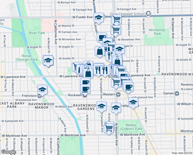 map of restaurants, bars, coffee shops, grocery stores, and more near in Chicago
