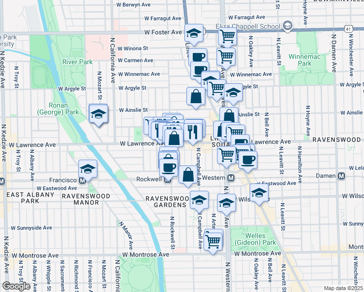 map of restaurants, bars, coffee shops, grocery stores, and more near 2541 West Lawrence Avenue in Chicago