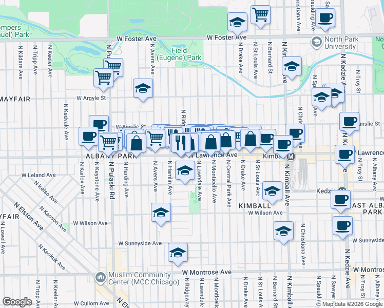 map of restaurants, bars, coffee shops, grocery stores, and more near 3718 West Lawrence Avenue in Chicago