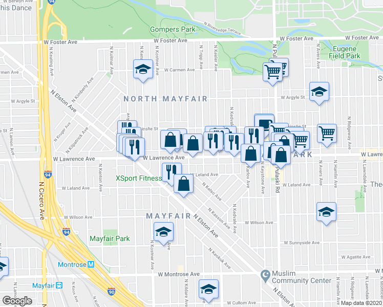 map of restaurants, bars, coffee shops, grocery stores, and more near 4250 West Lawrence Avenue in Chicago