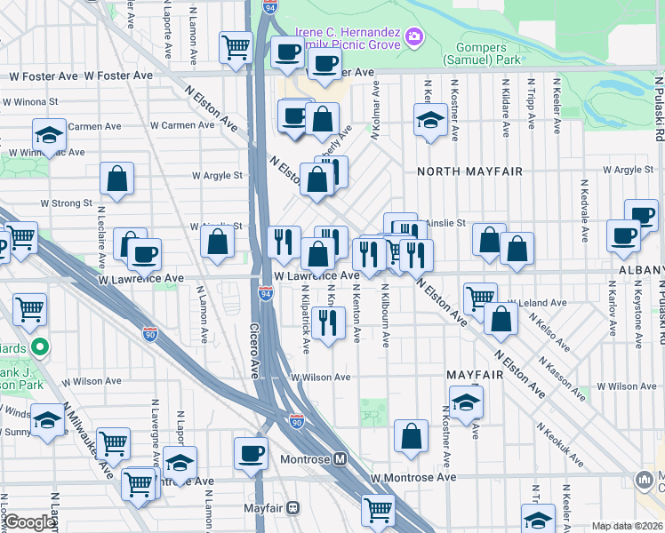 map of restaurants, bars, coffee shops, grocery stores, and more near 4810 North Kentucky Avenue in Chicago