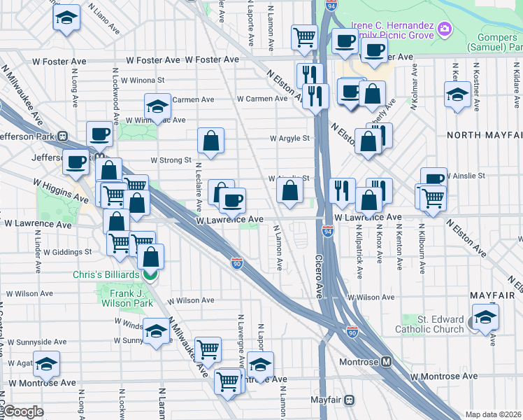 map of restaurants, bars, coffee shops, grocery stores, and more near 4937 West Gunnison Street in Chicago