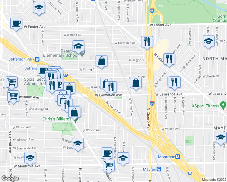 map of restaurants, bars, coffee shops, grocery stores, and more near 5001 West Gunnison Street in Chicago