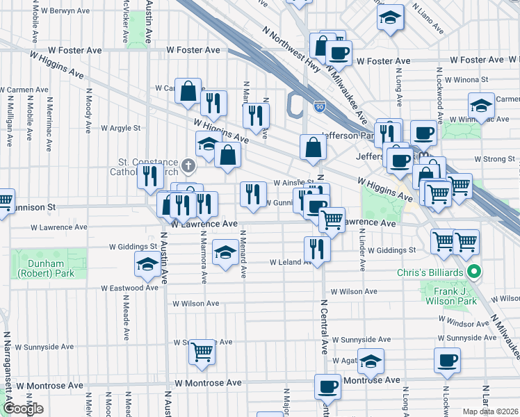 map of restaurants, bars, coffee shops, grocery stores, and more near 5717 West Gunnison Street in Chicago