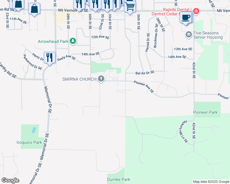 map of restaurants, bars, coffee shops, grocery stores, and more near 3225 Pioneer Avenue Southeast in Cedar Rapids