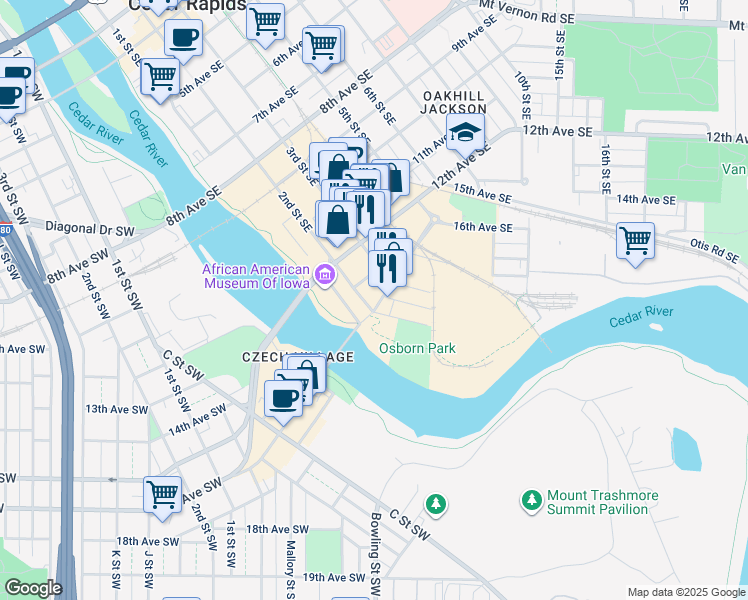 map of restaurants, bars, coffee shops, grocery stores, and more near 1318 2nd Street Southeast in Cedar Rapids