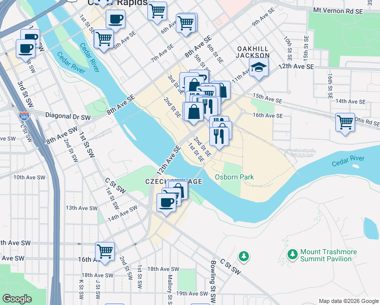 map of restaurants, bars, coffee shops, grocery stores, and more near 1226 1st St SE in Cedar Rapids