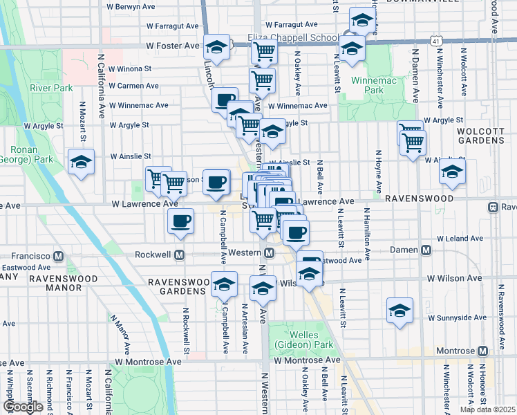 map of restaurants, bars, coffee shops, grocery stores, and more near 2401 West Lawrence Avenue in Chicago