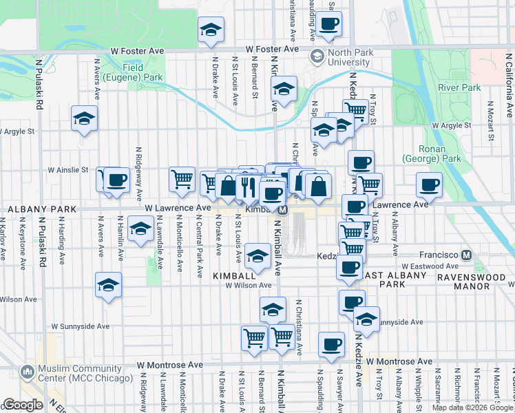 map of restaurants, bars, coffee shops, grocery stores, and more near W Lawrence Ave & N Bernard St in Chicago