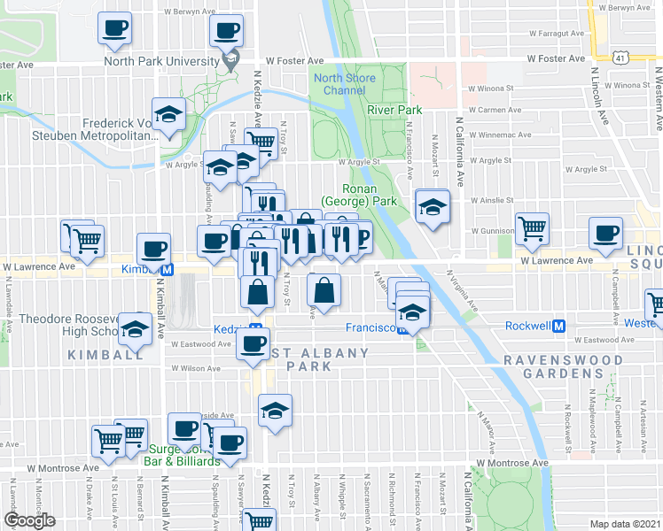 map of restaurants, bars, coffee shops, grocery stores, and more near 3037 West Lawrence Avenue in Harwood Heights