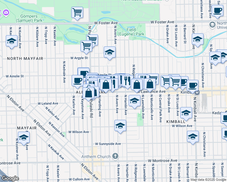 map of restaurants, bars, coffee shops, grocery stores, and more near 3840 West Lawrence Avenue in Chicago