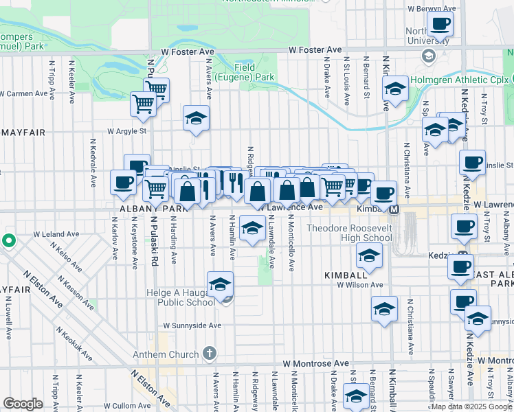 map of restaurants, bars, coffee shops, grocery stores, and more near 3718 West Lawrence Avenue in Chicago