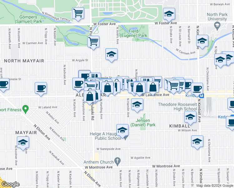 map of restaurants, bars, coffee shops, grocery stores, and more near 3836 West Lawrence Avenue in Chicago