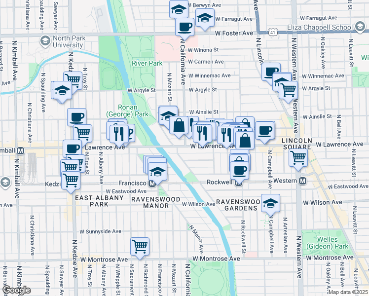 map of restaurants, bars, coffee shops, grocery stores, and more near 2803 West Lawrence Avenue in Chicago