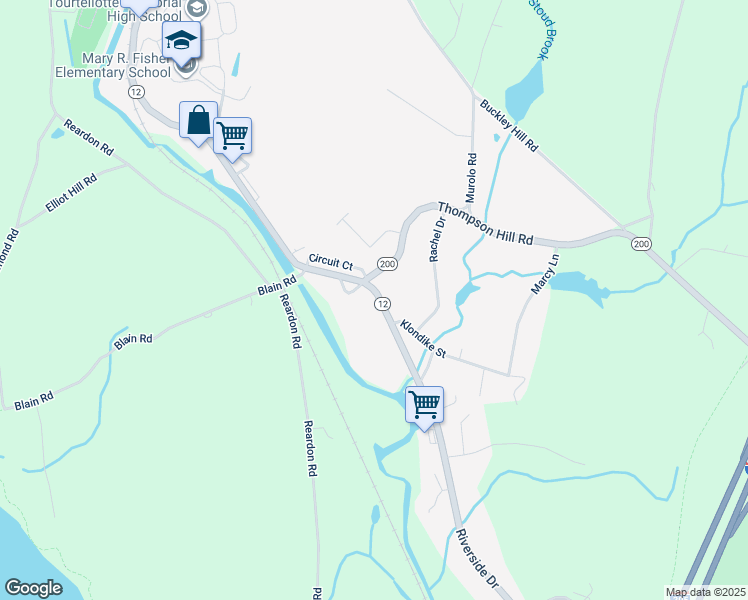 map of restaurants, bars, coffee shops, grocery stores, and more near 598 Riverside Drive in Thompson