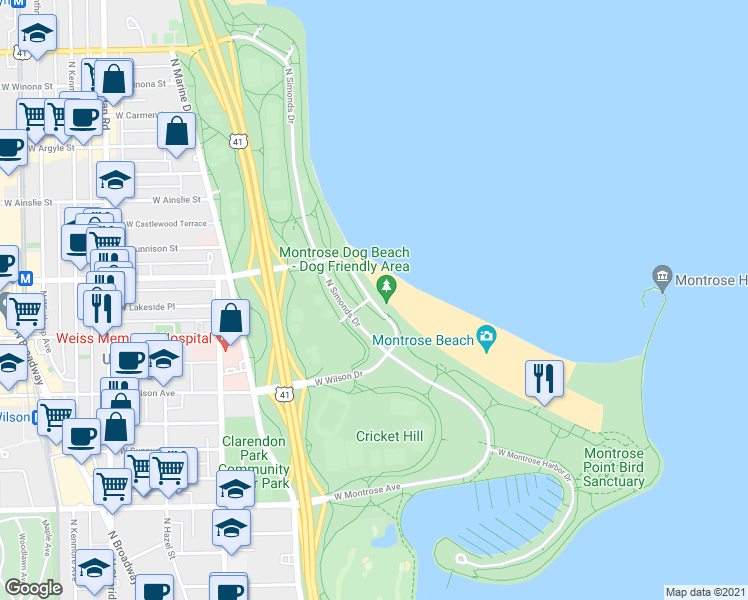 map of restaurants, bars, coffee shops, grocery stores, and more near 760 West Wilson Avenue in Chicago