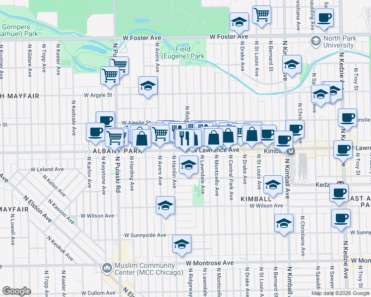 map of restaurants, bars, coffee shops, grocery stores, and more near 3736 West Lawrence Avenue in Chicago