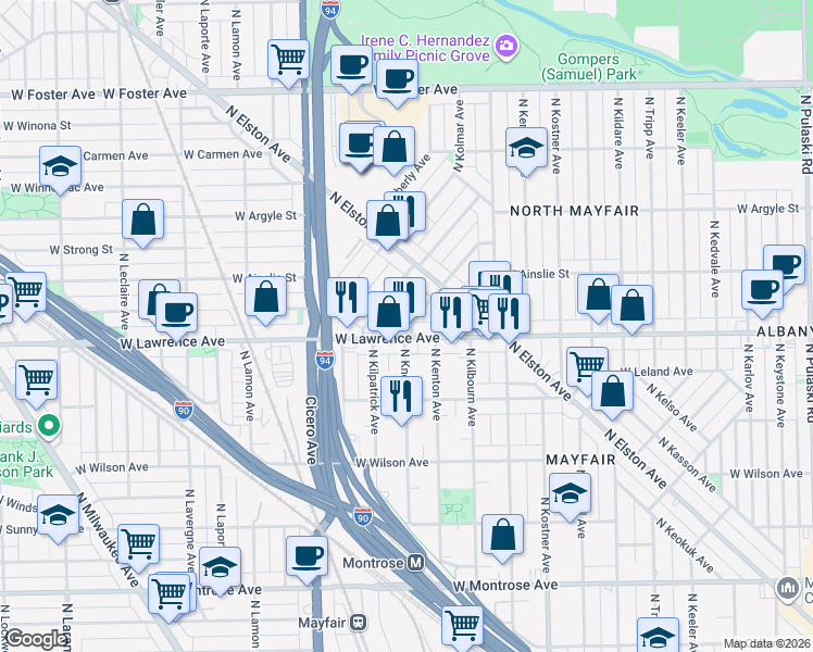 map of restaurants, bars, coffee shops, grocery stores, and more near 4810 North Kentucky Avenue in Chicago