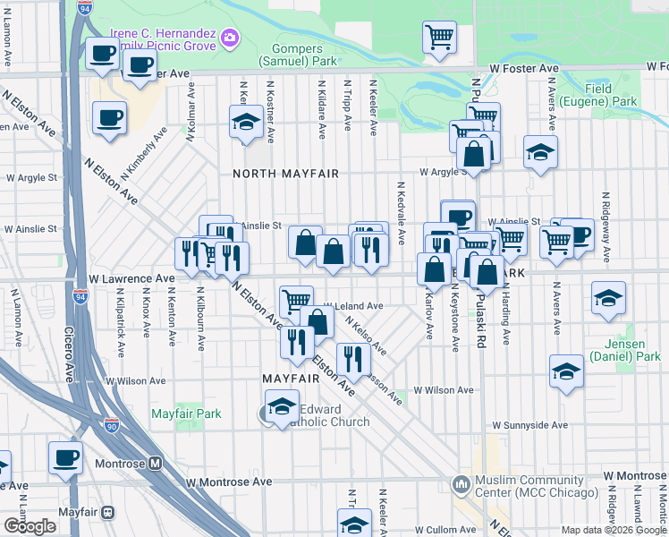 map of restaurants, bars, coffee shops, grocery stores, and more near 4250 West Lawrence Avenue in Chicago
