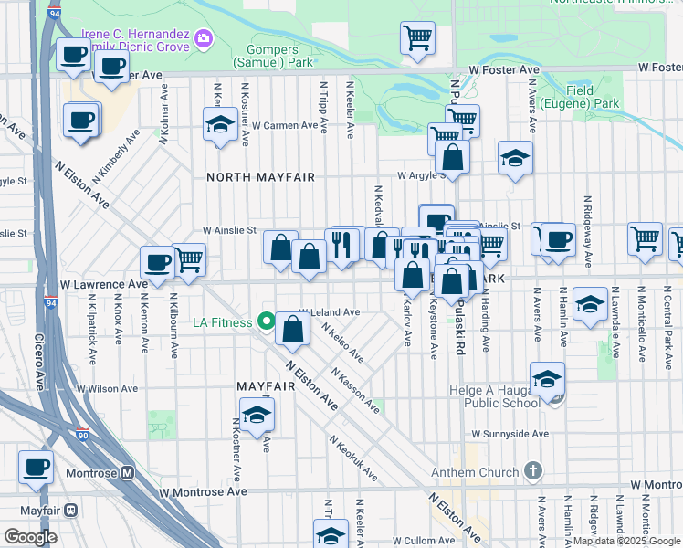 map of restaurants, bars, coffee shops, grocery stores, and more near 4212 West Lawrence Avenue in Chicago