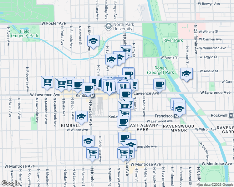 map of restaurants, bars, coffee shops, grocery stores, and more near W Lawrence Ave & N Sawyer Ave in Chicago