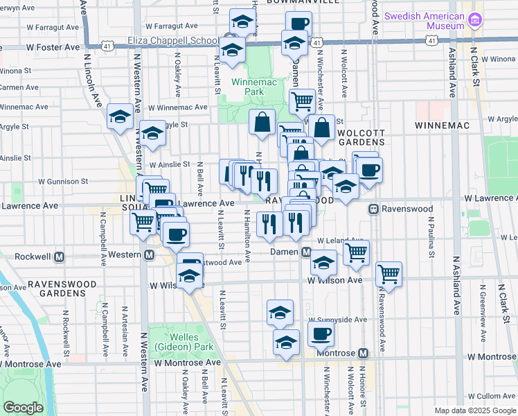 map of restaurants, bars, coffee shops, grocery stores, and more near 2045 West Lawrence Avenue in Chicago