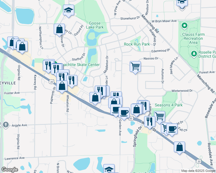 map of restaurants, bars, coffee shops, grocery stores, and more near 795 Woodside Drive in Roselle