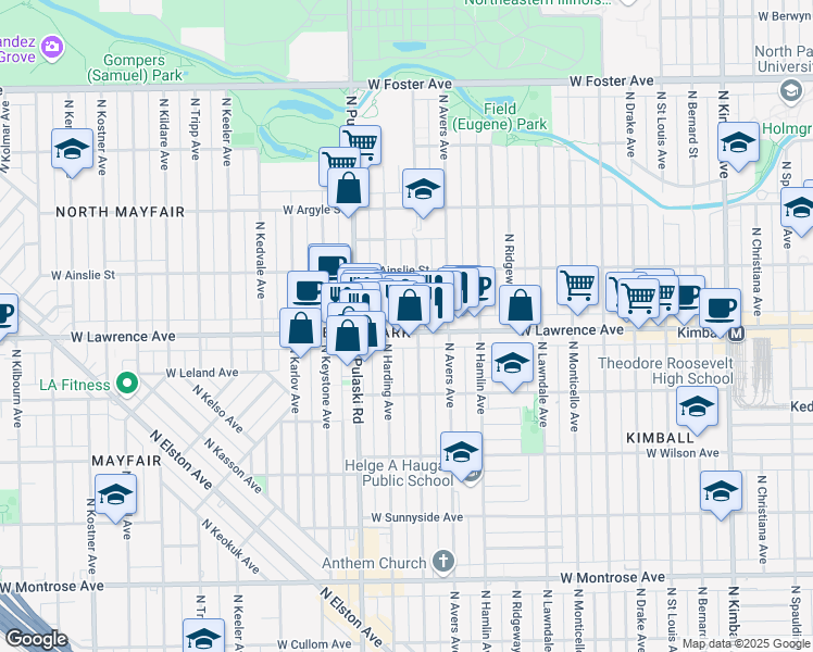 map of restaurants, bars, coffee shops, grocery stores, and more near 4804 North Springfield Avenue in Chicago