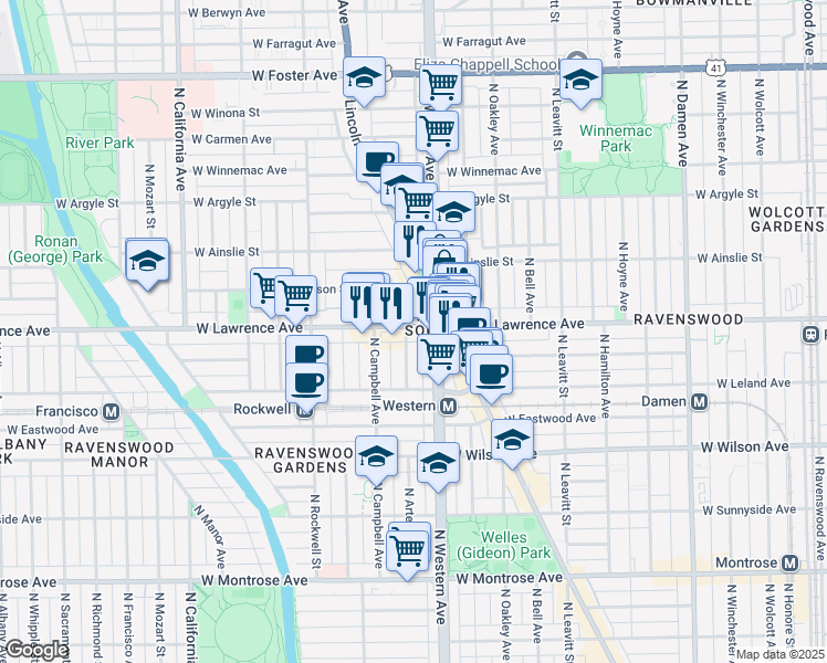 map of restaurants, bars, coffee shops, grocery stores, and more near 2425 West Lawrence Avenue in Chicago