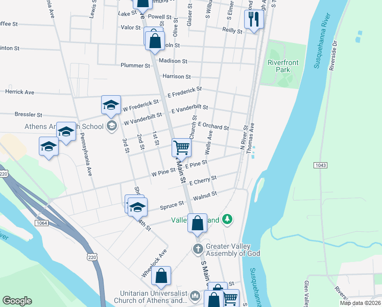 map of restaurants, bars, coffee shops, grocery stores, and more near 406 Church Street in Athens