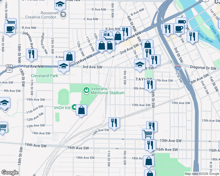 map of restaurants, bars, coffee shops, grocery stores, and more near 1016 8th Avenue Southwest in Cedar Rapids