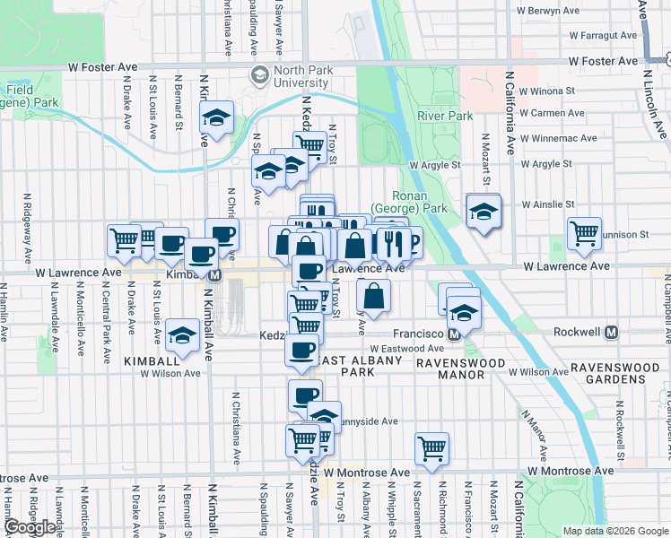 map of restaurants, bars, coffee shops, grocery stores, and more near West Lawrence Avenue & North Troy Street in Chicago