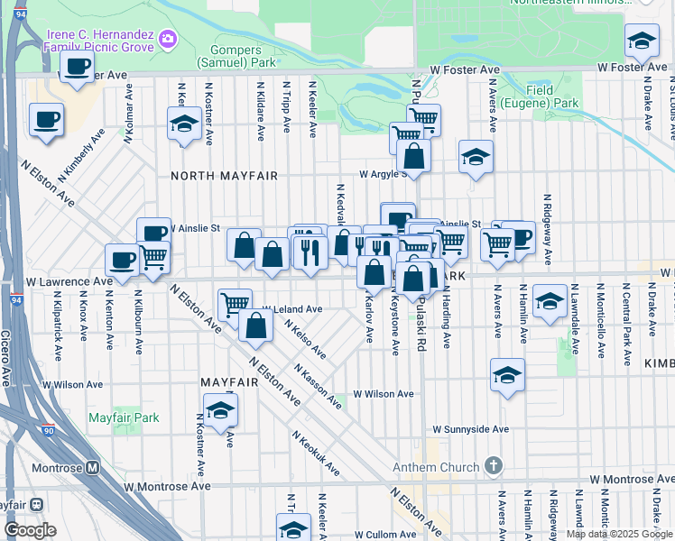 map of restaurants, bars, coffee shops, grocery stores, and more near 4134 West Lawrence Avenue in Chicago