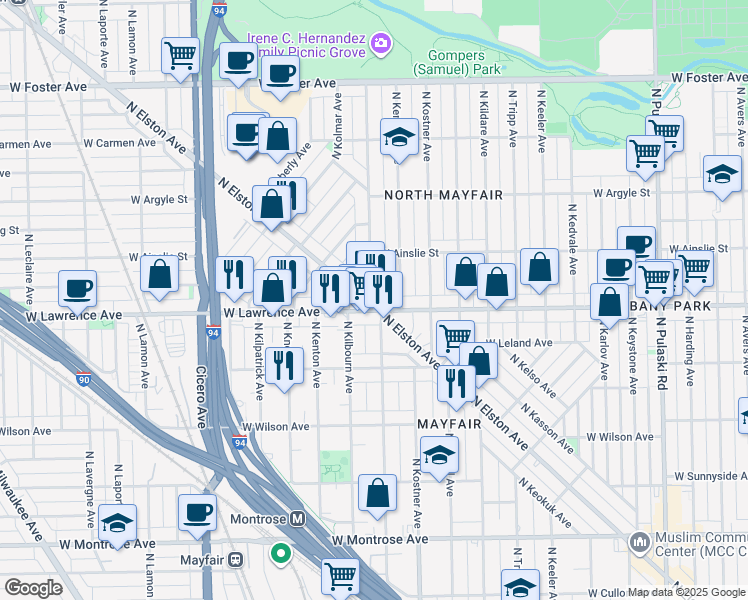 map of restaurants, bars, coffee shops, grocery stores, and more near 4478 West Lawrence Avenue in Chicago