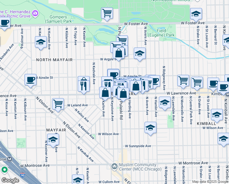 map of restaurants, bars, coffee shops, grocery stores, and more near 4010 West Lawrence Avenue in Chicago