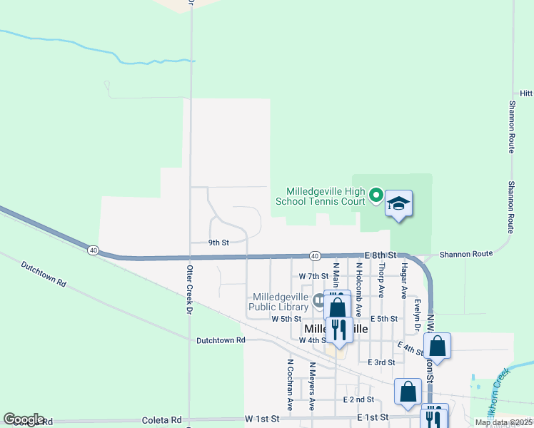 map of restaurants, bars, coffee shops, grocery stores, and more near 503 9th Street in Milledgeville