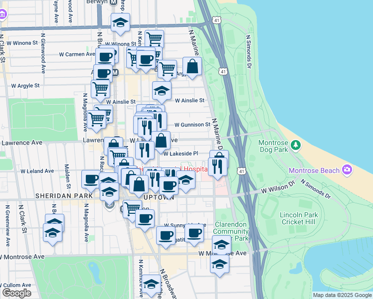 map of restaurants, bars, coffee shops, grocery stores, and more near 858 West Lakeside Place in Chicago