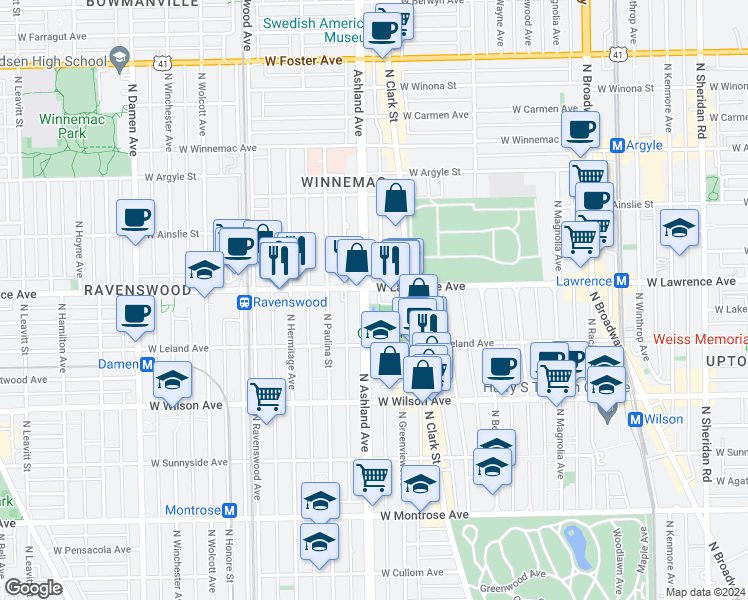 map of restaurants, bars, coffee shops, grocery stores, and more near 4757 North Ashland Avenue in Chicago