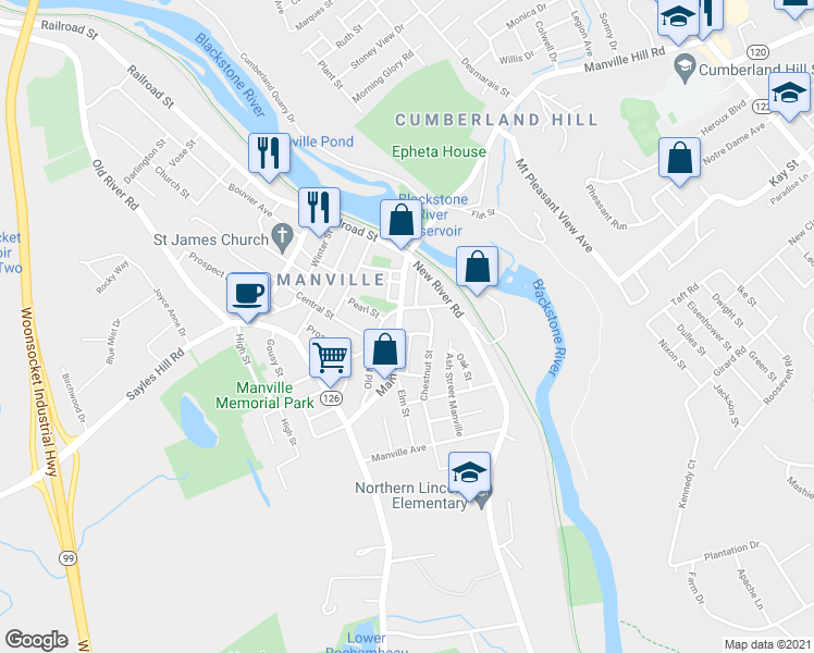 map of restaurants, bars, coffee shops, grocery stores, and more near 3 Pine Street in Lincoln